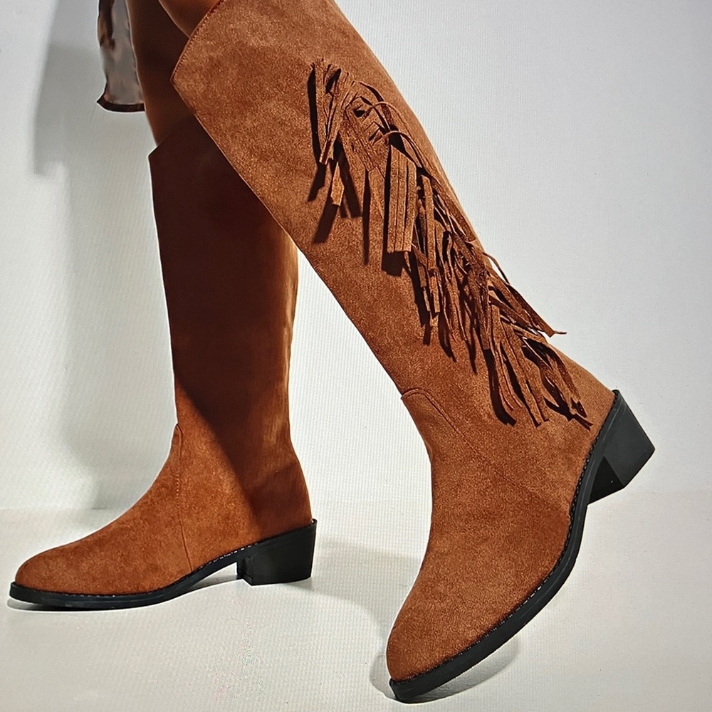 Women’s Fringe knee high side zipper suede boots